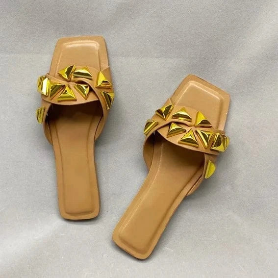 Anmairon Female Popular Style Square Toe Big Size Available Big Rivets Women Flat Sandals