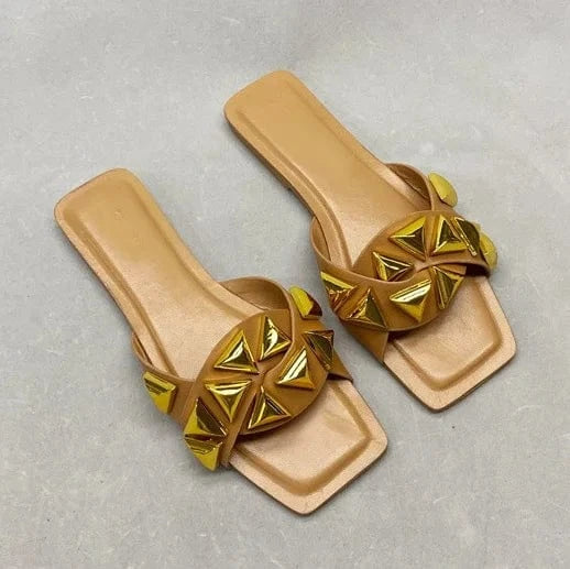 Anmairon Female Popular Style Square Toe Big Size Available Big Rivets Women Flat Sandals