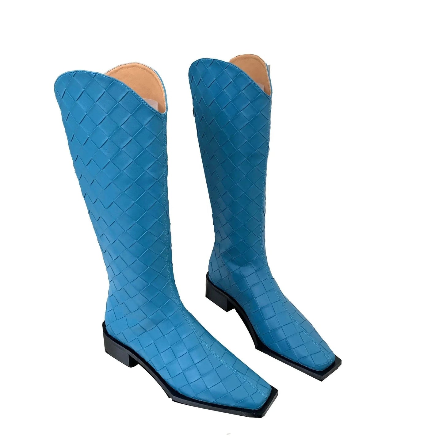 ANMAIRON hot sale blue woven boots Chengdu high quality square toe ankle boots low heel womens boots