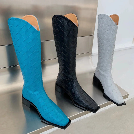 ANMAIRON hot sale blue woven boots Chengdu high quality square toe ankle boots low heel womens boots