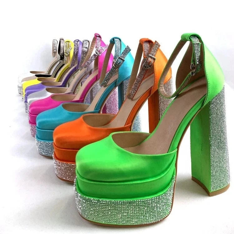 ANMAIRON Hot Sale Dress Shoes Chengdu High Quality Hot Pink Satin Square Toe Platform Shoes Luxury Rhinestone Platform Pumps