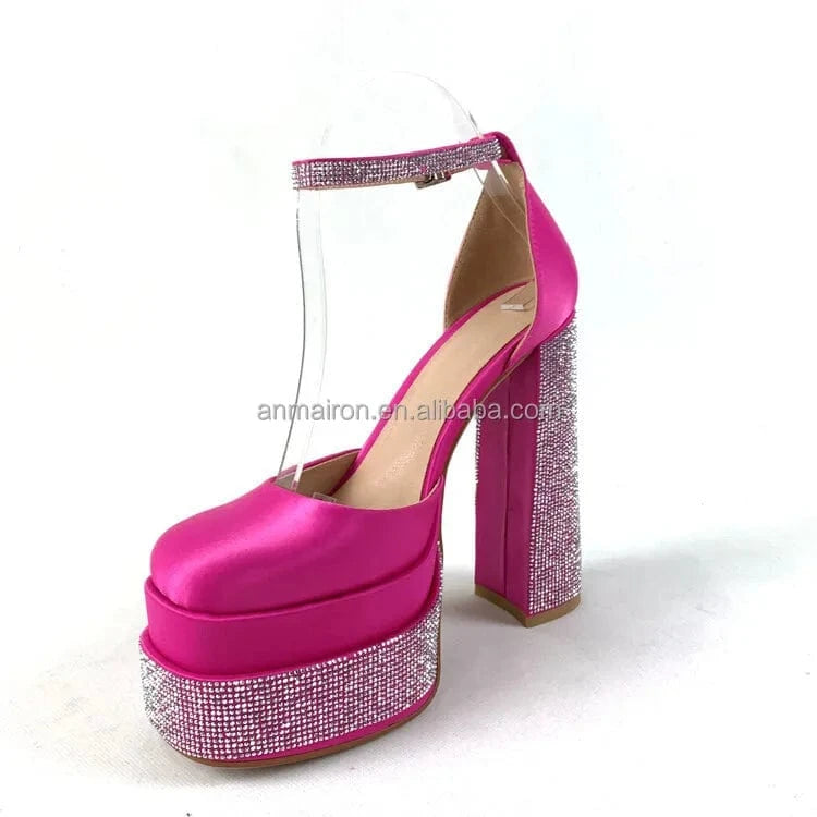 ANMAIRON Hot Sale Dress Shoes Chengdu High Quality Hot Pink Satin Square Toe Platform Shoes Luxury Rhinestone Platform Pumps