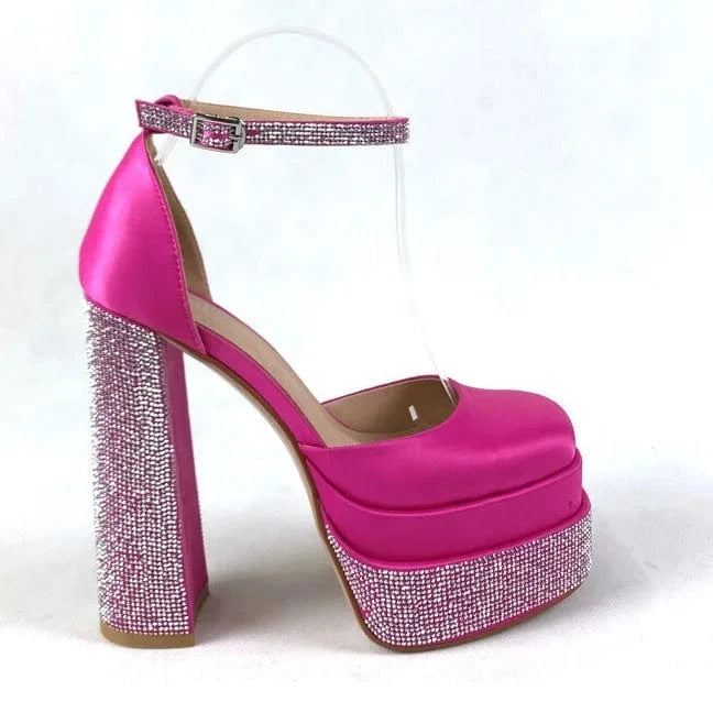 ANMAIRON Hot Sale Dress Shoes Chengdu High Quality Hot Pink Satin Square Toe Platform Shoes Luxury Rhinestone Platform Pumps