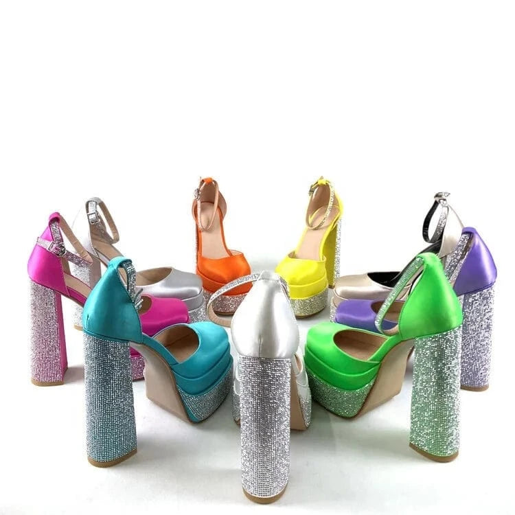 ANMAIRON Hot Sale Dress Shoes Chengdu High Quality Hot Pink Satin Square Toe Platform Shoes Luxury Rhinestone Platform Pumps
