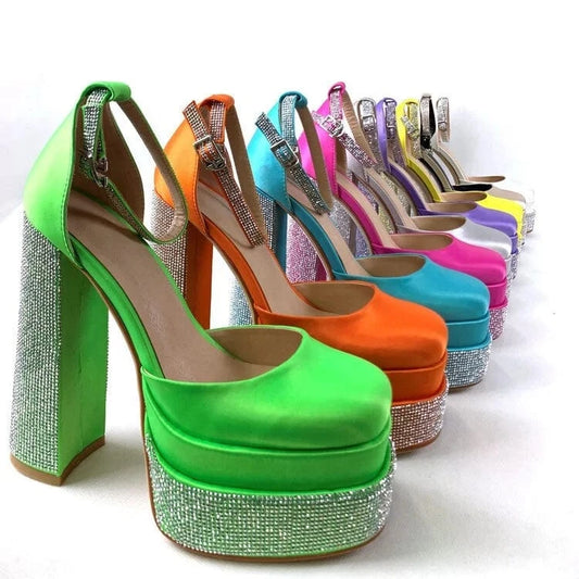 ANMAIRON Hot Sale Dress Shoes Chengdu High Quality Hot Pink Satin Square Toe Platform Shoes Luxury Rhinestone Platform Pumps