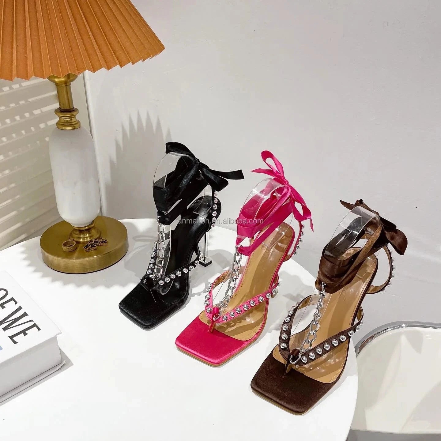 ANMAIRON hot sale heeled sandals fashion thin heel sandals sexy hot pink satin lace up square toe sandals for women