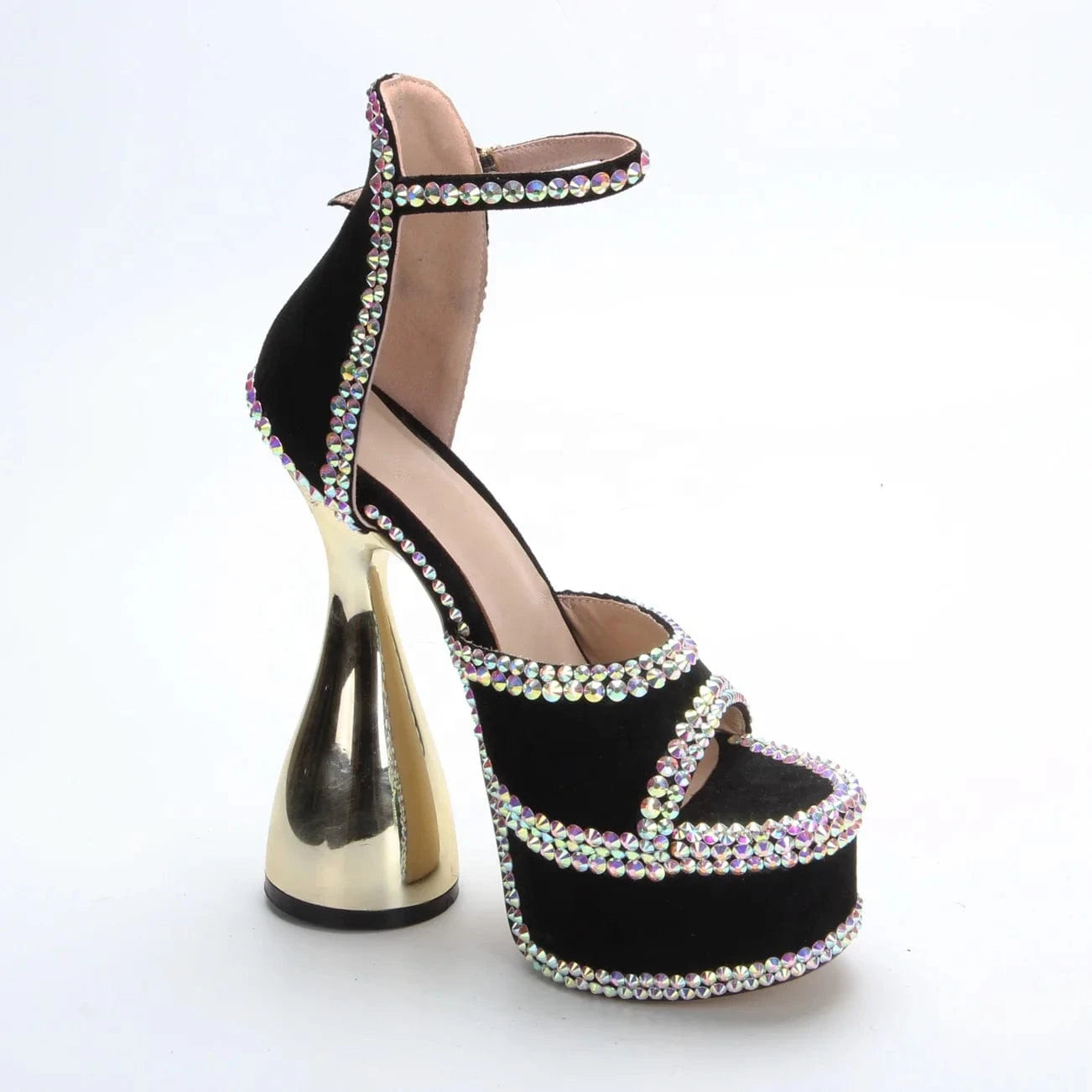 Anmairon Hot Sale One Pair Available New Design Peep Toe Diamonds Bling Bling Bowling Heel Women High Heel Sandals