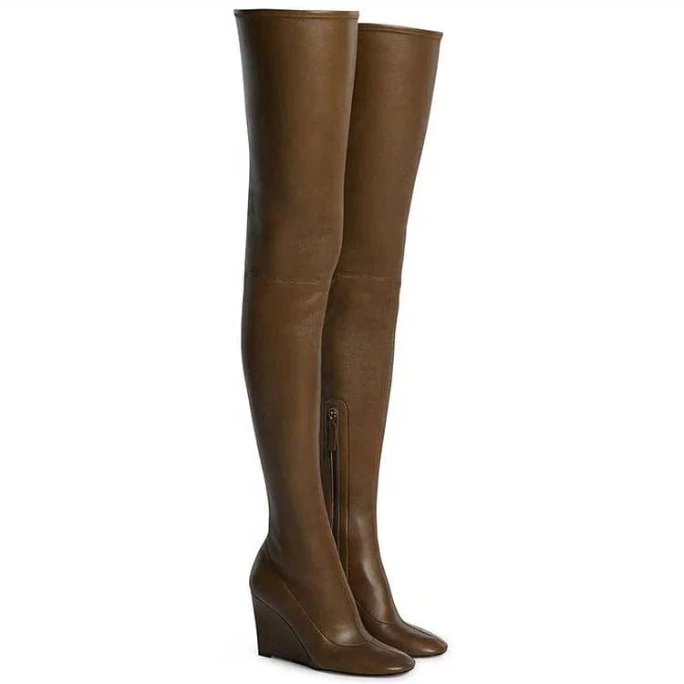 Anmairon In Stock Fast Shipping Stretch Leather Over The Knee Bright Color Women Wedge Boots