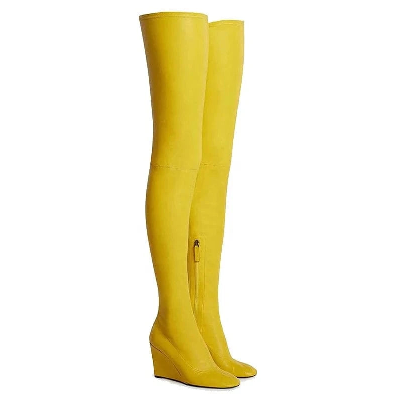 Anmairon In Stock Fast Shipping Stretch Leather Over The Knee Bright Color Women Wedge Boots
