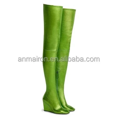 Anmairon In Stock Fast Shipping Stretch Leather Over The Knee Bright Color Women Wedge Boots
