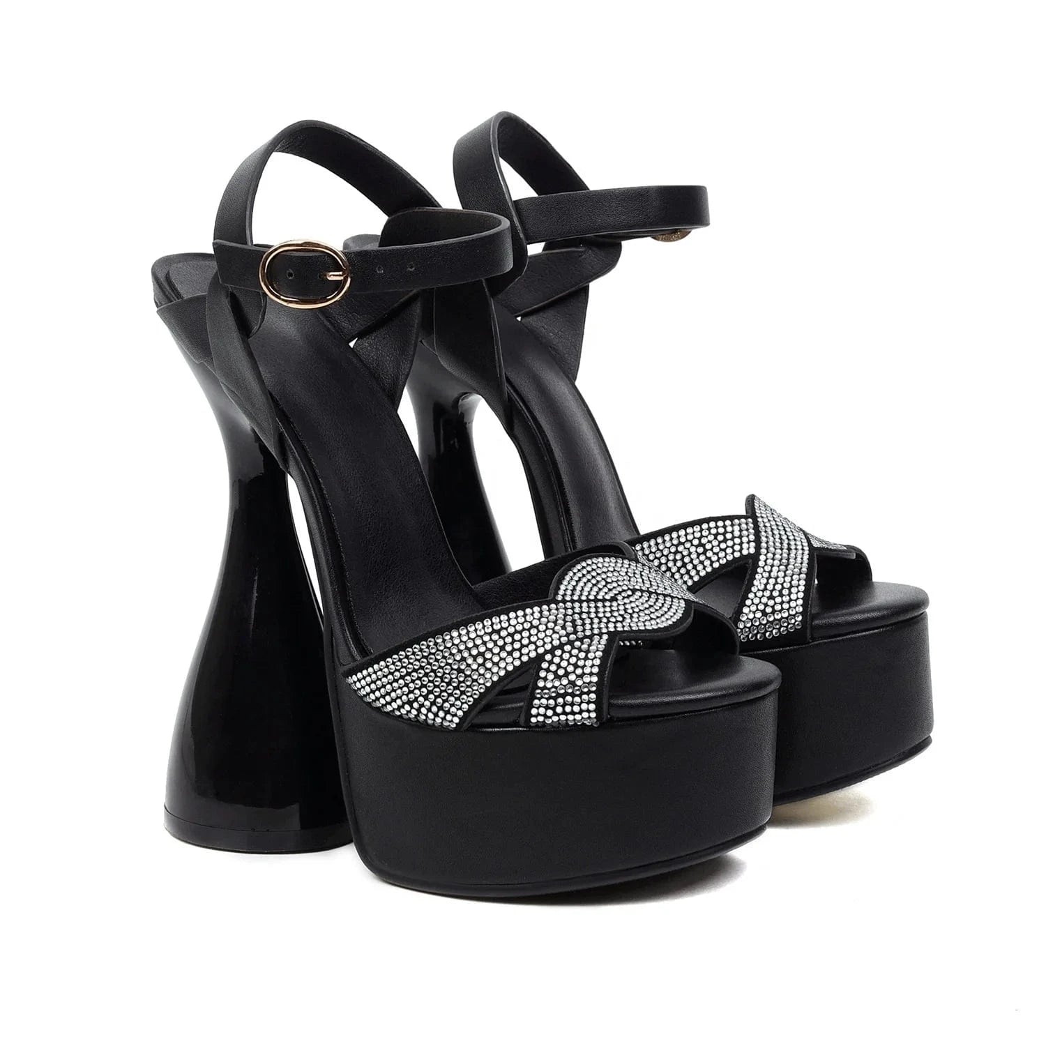 Anmairon On Sale Low Price Peep Toe Bowling Heel Shiny Rhinestones Women Platform Sandals
