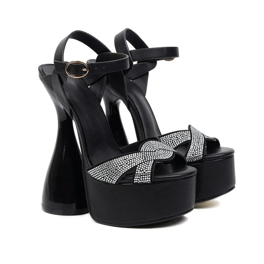 Anmairon On Sale Low Price Peep Toe Bowling Heel Shiny Rhinestones Women Platform Sandals