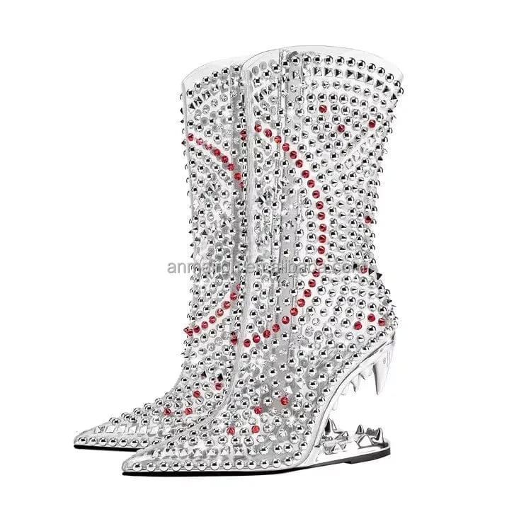 Anmairon women's rhinestone crystal wedge heel ankle boots clear pvc cowgirl pointed toe stiletto heel party side zipper boots