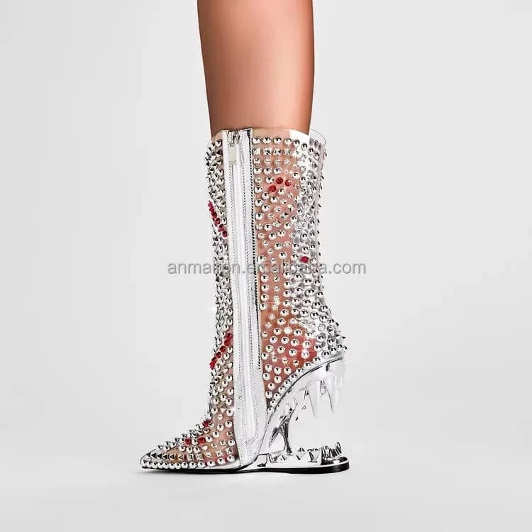 Anmairon women's rhinestone crystal wedge heel ankle boots clear pvc cowgirl pointed toe stiletto heel party side zipper boots