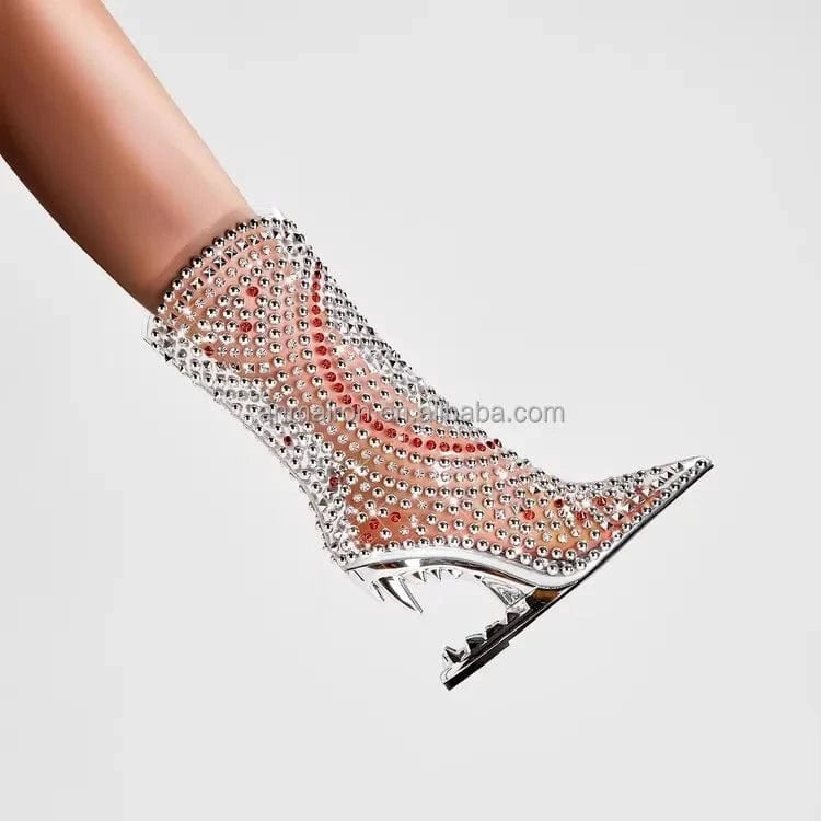 Anmairon women's rhinestone crystal wedge heel ankle boots clear pvc cowgirl pointed toe stiletto heel party side zipper boots