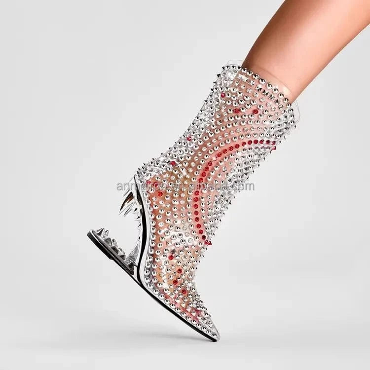 Anmairon women's rhinestone crystal wedge heel ankle boots clear pvc cowgirl pointed toe stiletto heel party side zipper boots