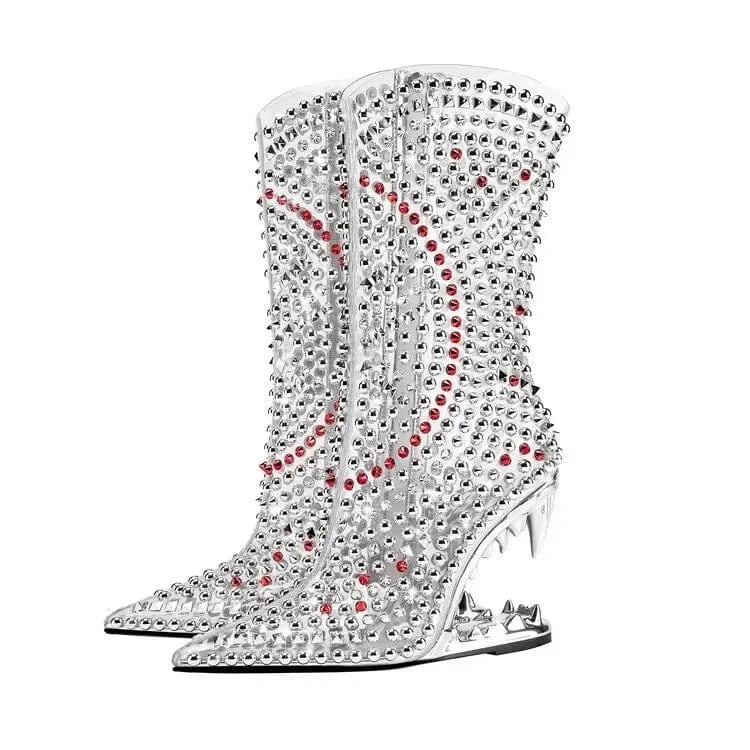 Anmairon women's rhinestone crystal wedge heel ankle boots clear pvc cowgirl pointed toe stiletto heel party side zipper boots