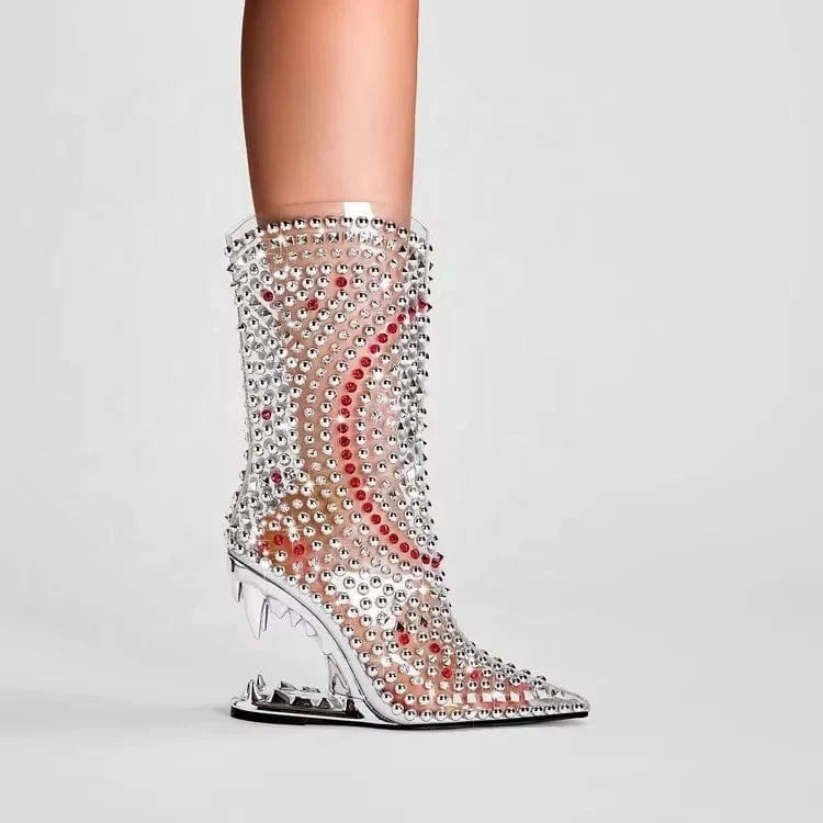 Anmairon women's rhinestone crystal wedge heel ankle boots clear pvc cowgirl pointed toe stiletto heel party side zipper boots