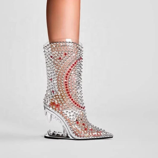 Anmairon women's rhinestone crystal wedge heel ankle boots clear pvc cowgirl pointed toe stiletto heel party side zipper boots