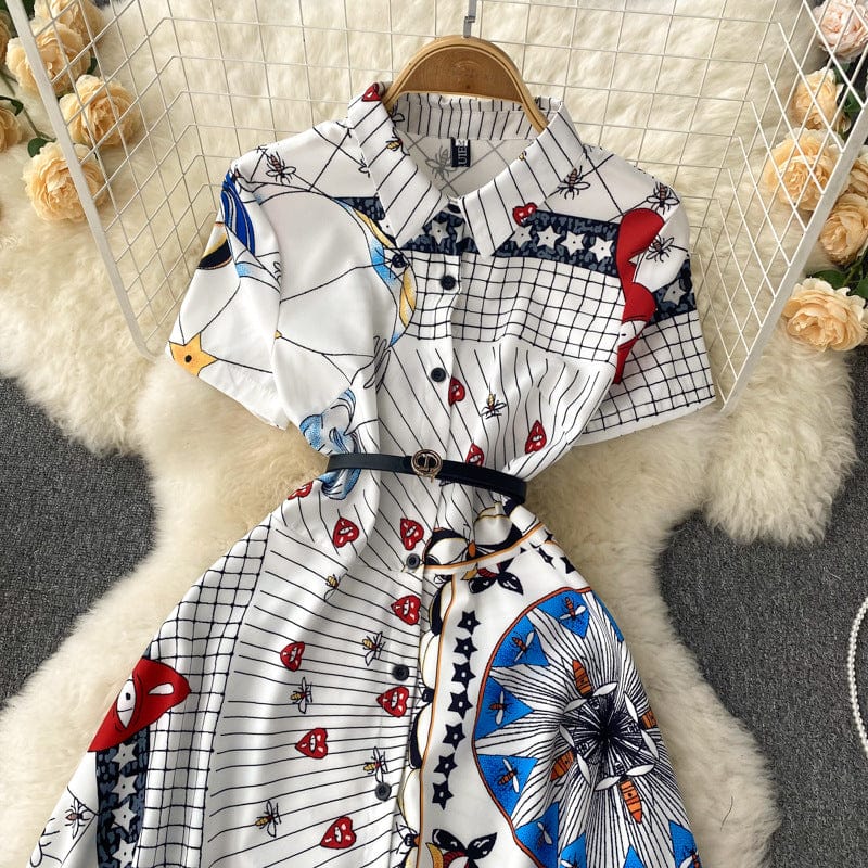 ANSZKTN summer new same print elegant temperament big swing single breasted polo collar waist dress