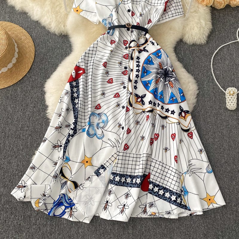 ANSZKTN summer new same print elegant temperament big swing single breasted polo collar waist dress