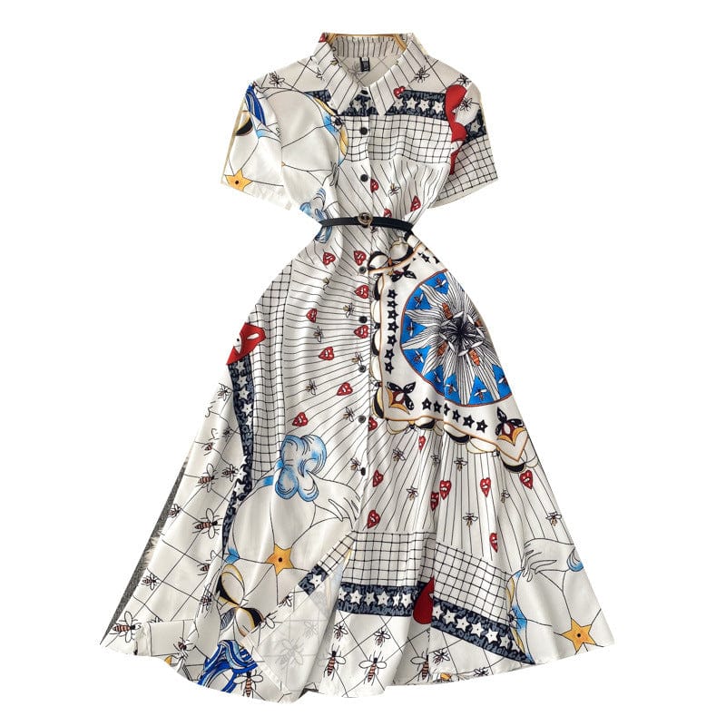 ANSZKTN summer new same print elegant temperament big swing single breasted polo collar waist dress