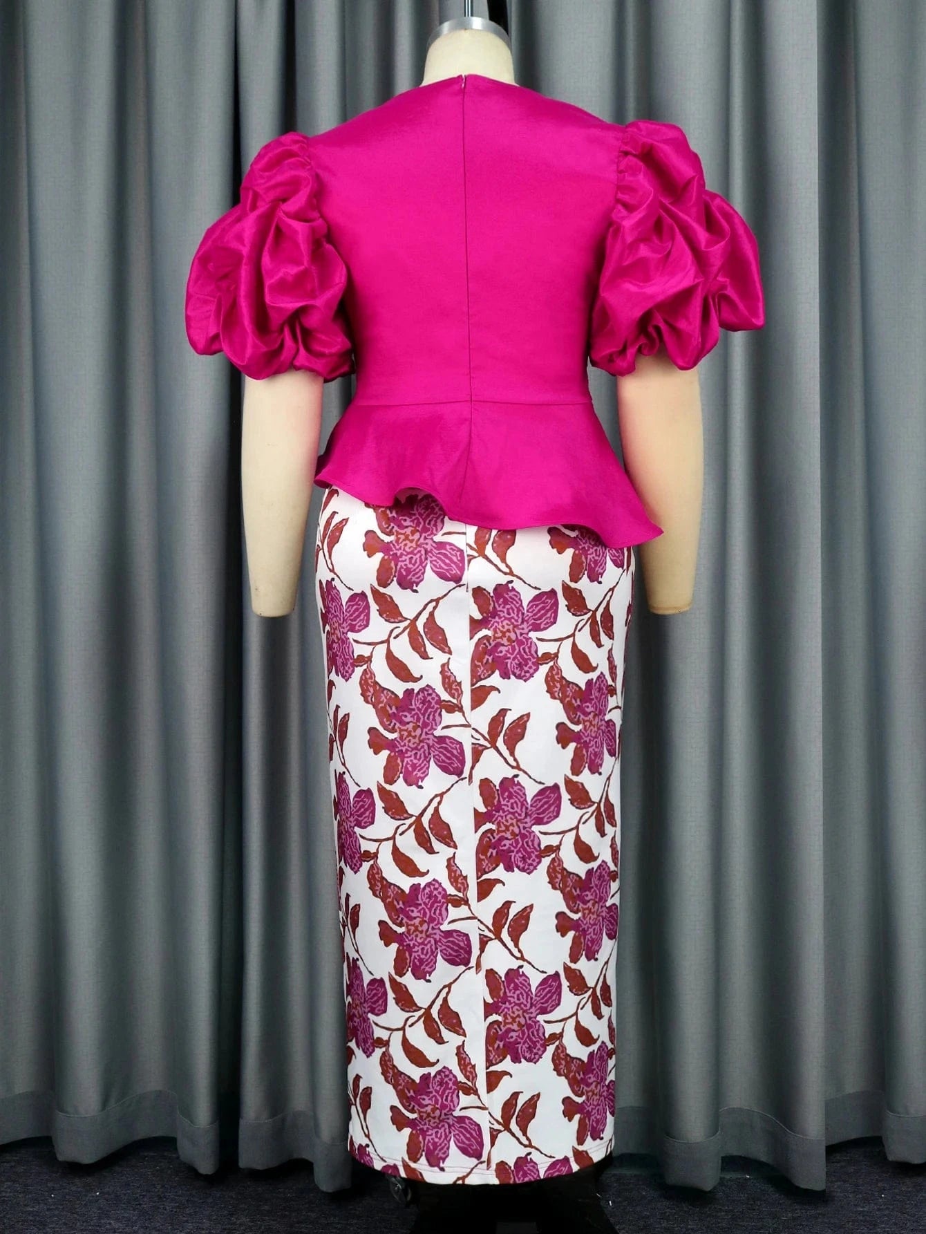 AOMEI Printed Slit Skirt Irregular Peplum Tops Office Lady 2 Pieces Set