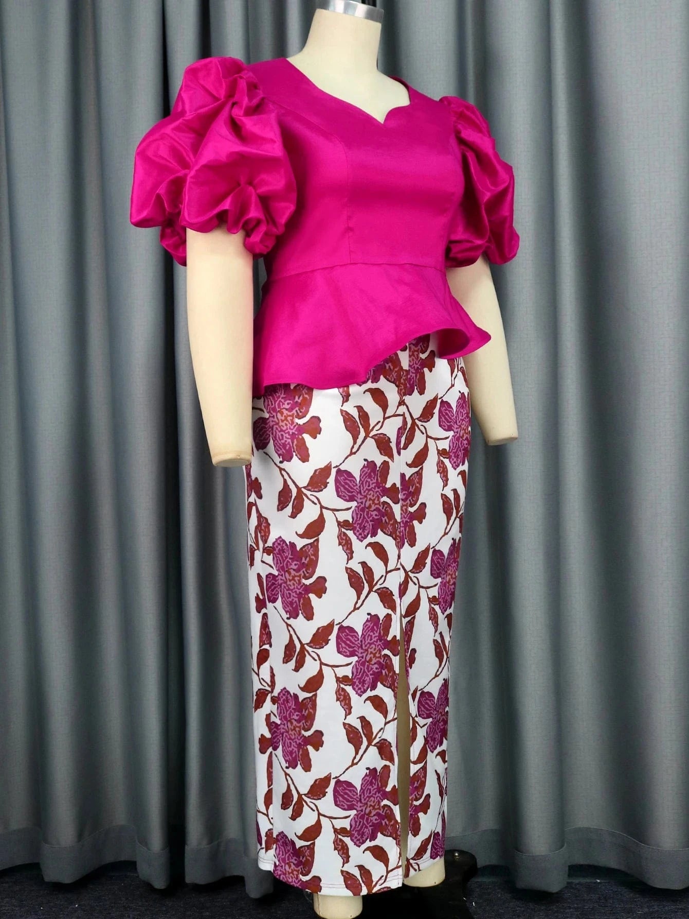 AOMEI Printed Slit Skirt Irregular Peplum Tops Office Lady 2 Pieces Set