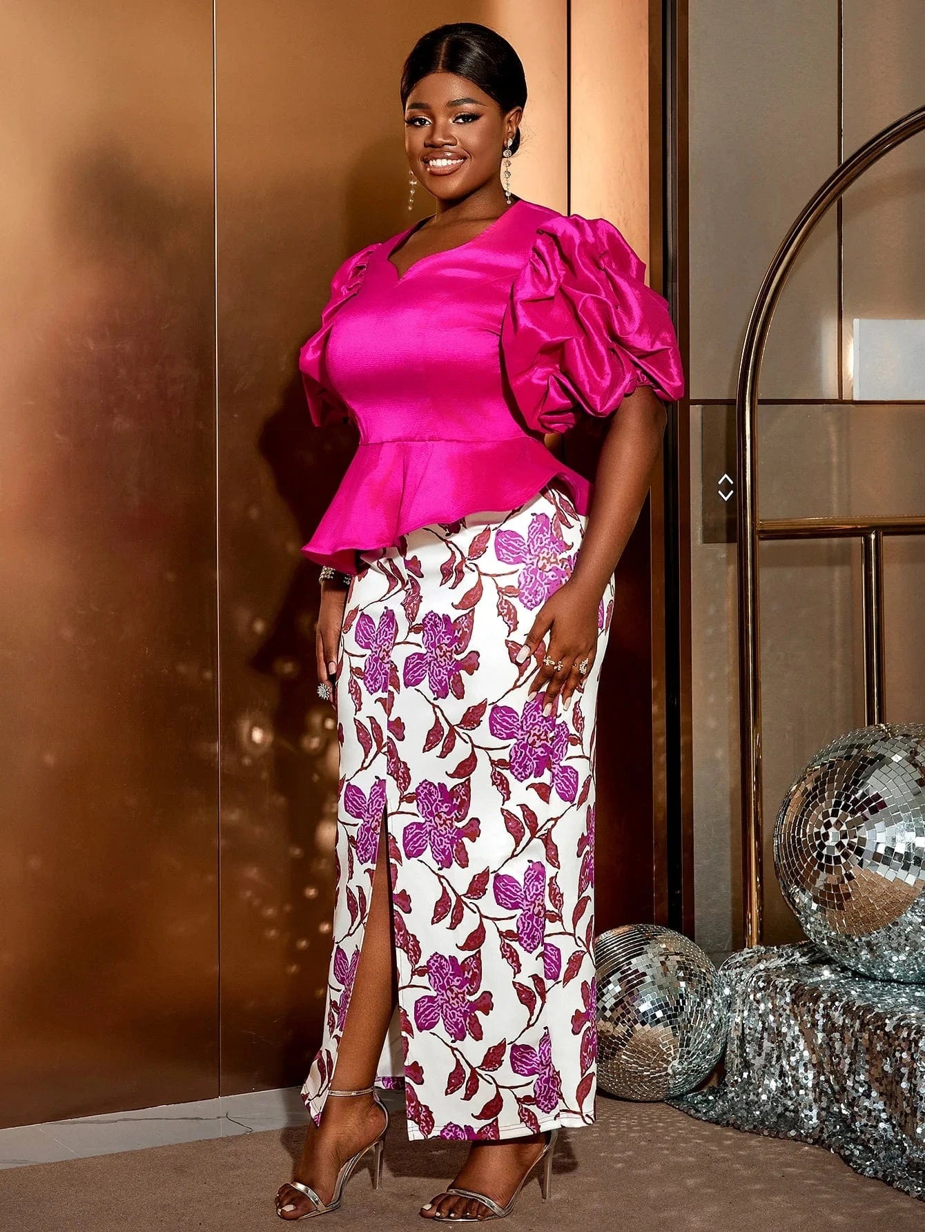 AOMEI Printed Slit Skirt Irregular Peplum Tops Office Lady 2 Pieces Set