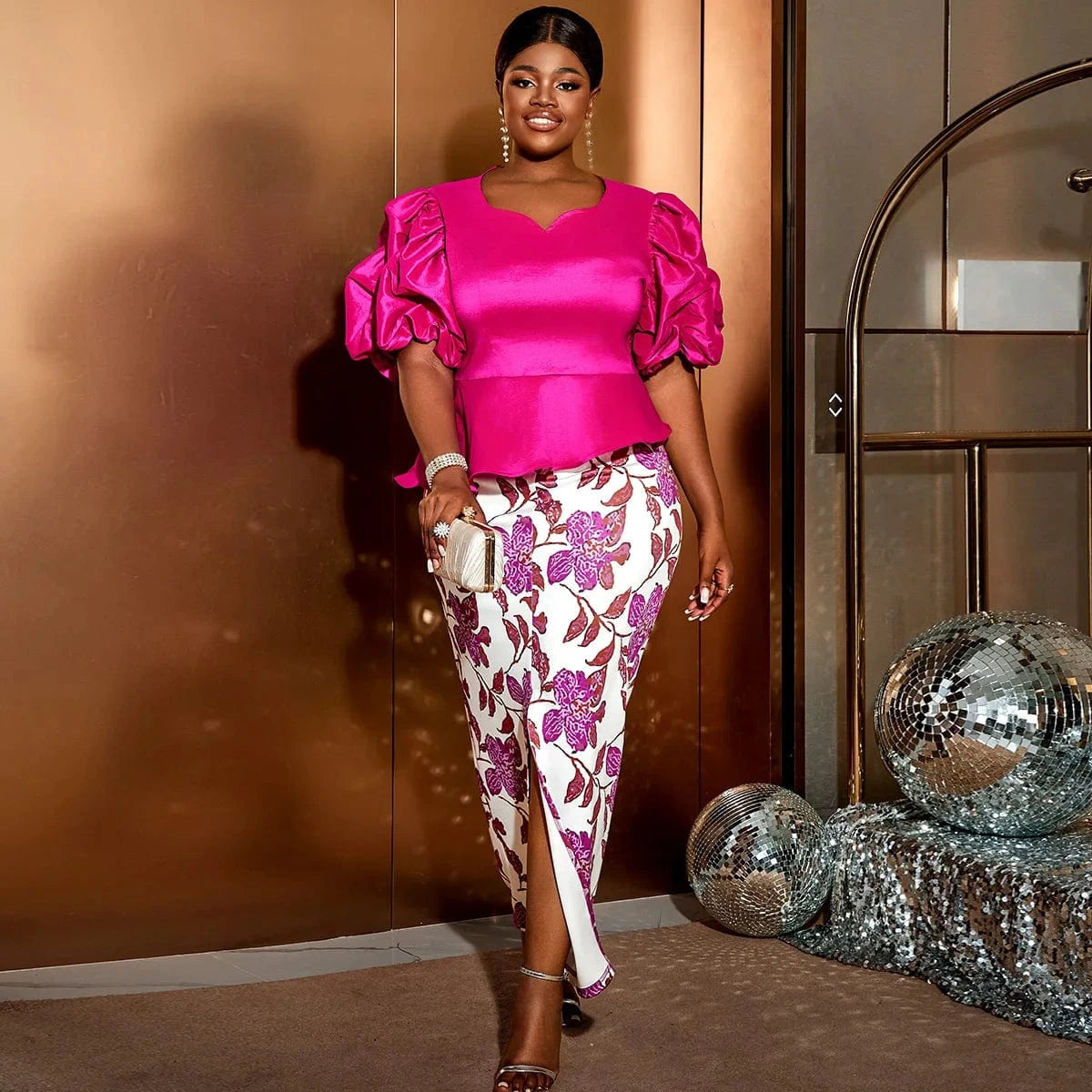 AOMEI Printed Slit Skirt Irregular Peplum Tops Office Lady 2 Pieces Set