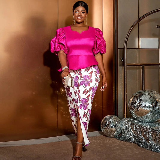 AOMEI Printed Slit Skirt Irregular Peplum Tops Office Lady 2 Pieces Set