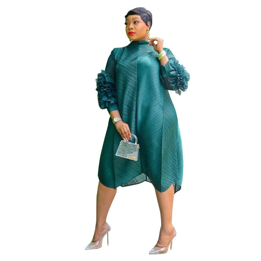 AOMEI Women's Fall Stand Collar Loose Flowy Long Sleeve Plus Size Casual Dress