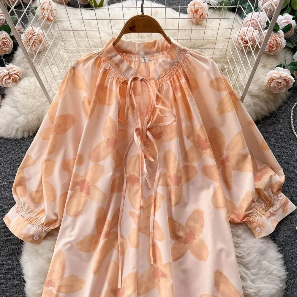 Apparel Dresses Womens Fashion Summer V Neck Long Sleeve Flowers Printed Dress Slim Long Dress
