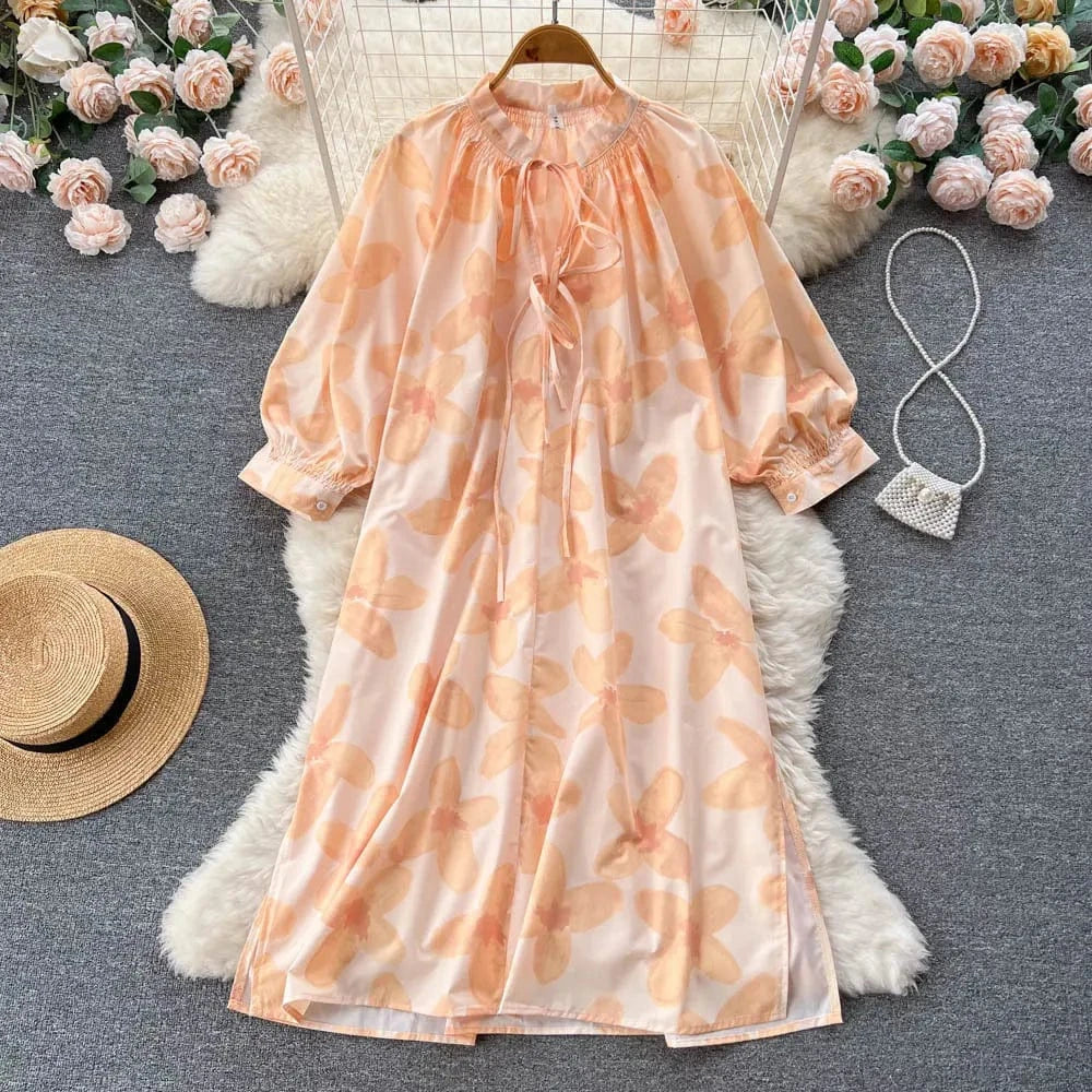 Apparel Dresses Womens Fashion Summer V Neck Long Sleeve Flowers Printed Dress Slim Long Dress