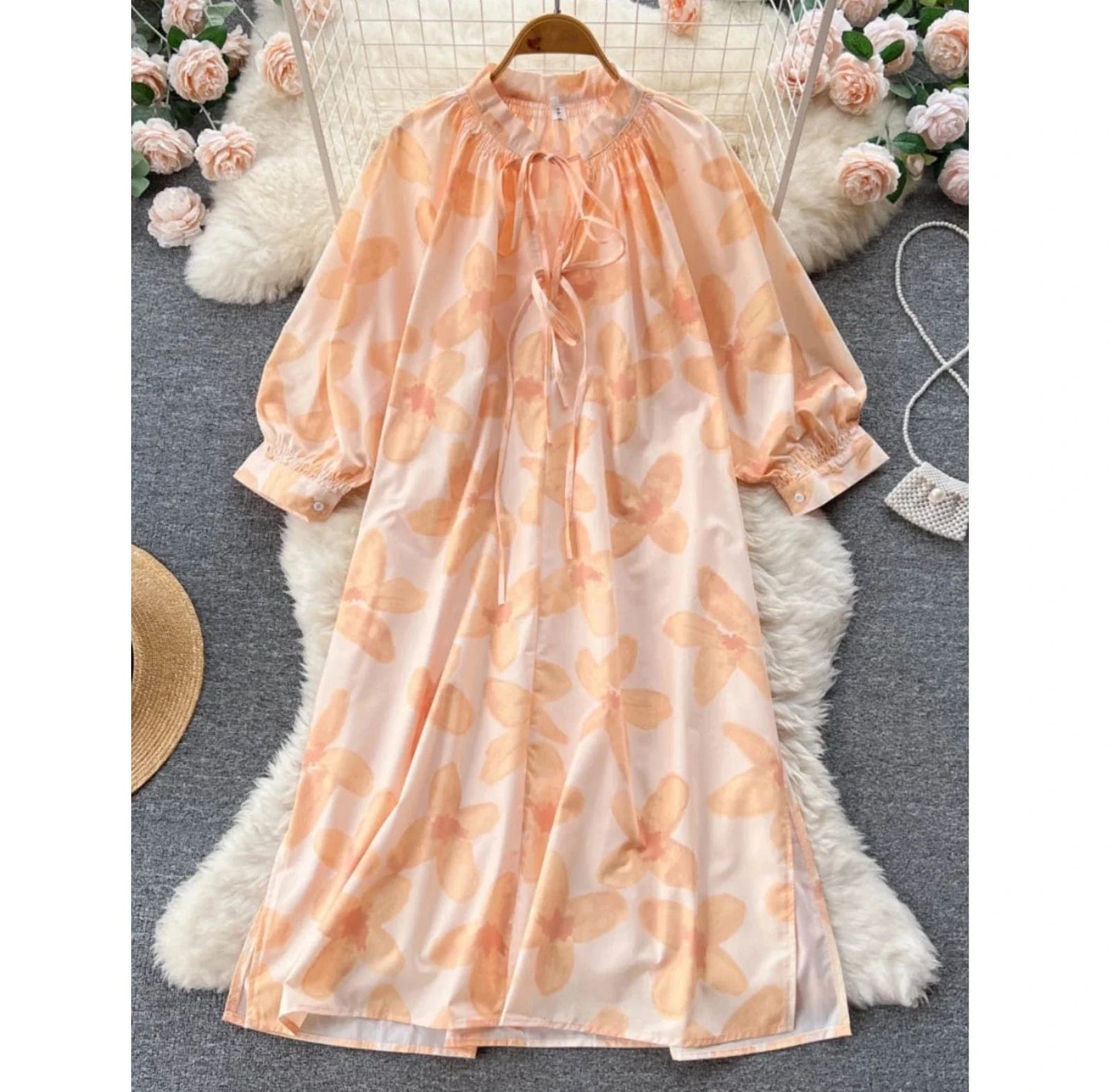 Apparel Dresses Womens Fashion Summer V Neck Long Sleeve Flowers Printed Dress Slim Long Dress