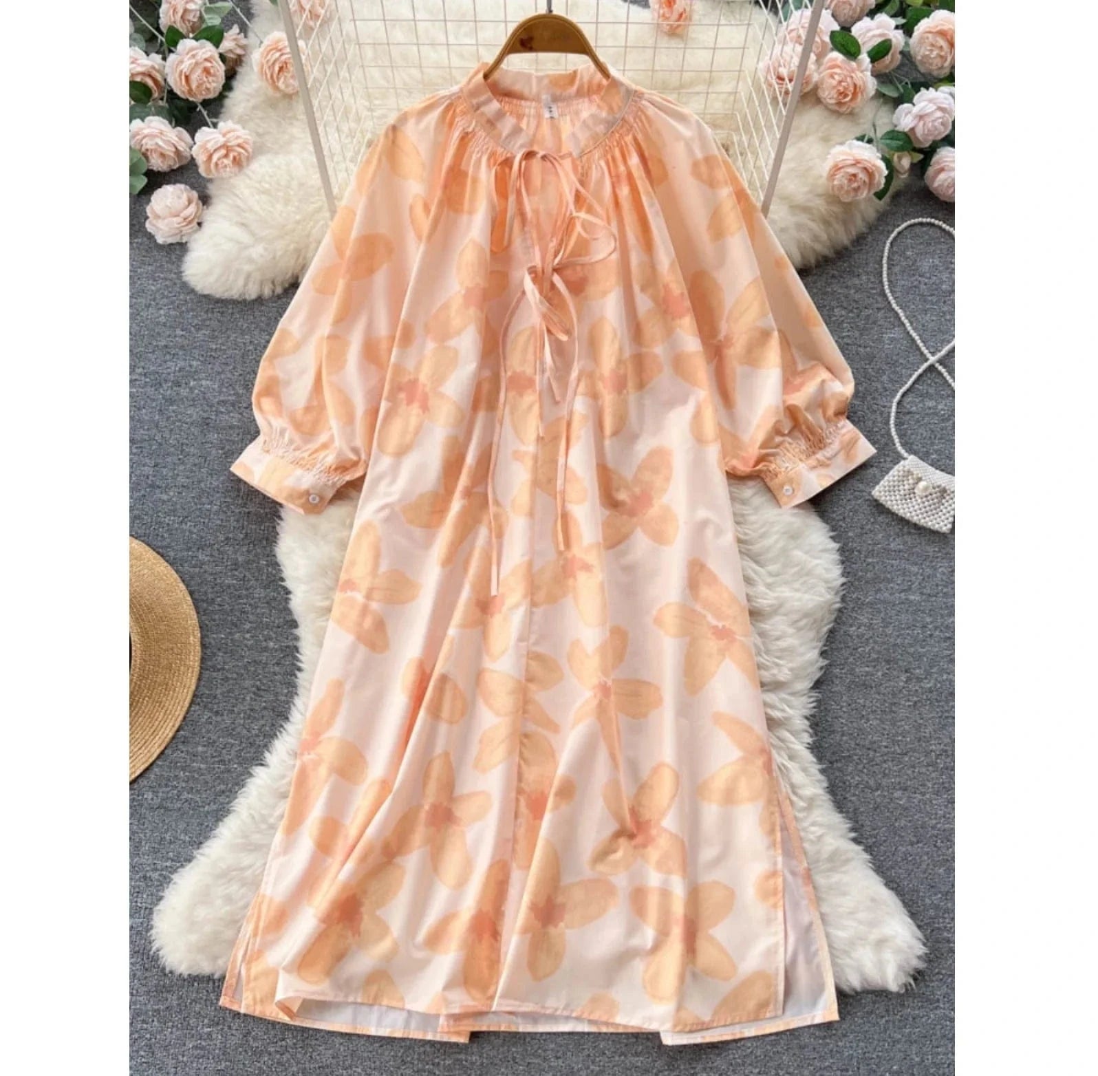 Apparel Dresses Womens Fashion Summer V Neck Long Sleeve Flowers Printed Dress Slim Long Dress