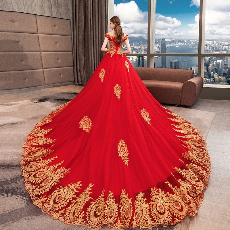 Appliqued Gold Lace Off Shoulder Ball gown wedding Evening pattern Red Muslim Asian European American Traditional dress