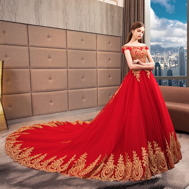 Appliqued Gold Lace Off Shoulder Ball gown wedding Evening pattern Red Muslim Asian European American Traditional dress