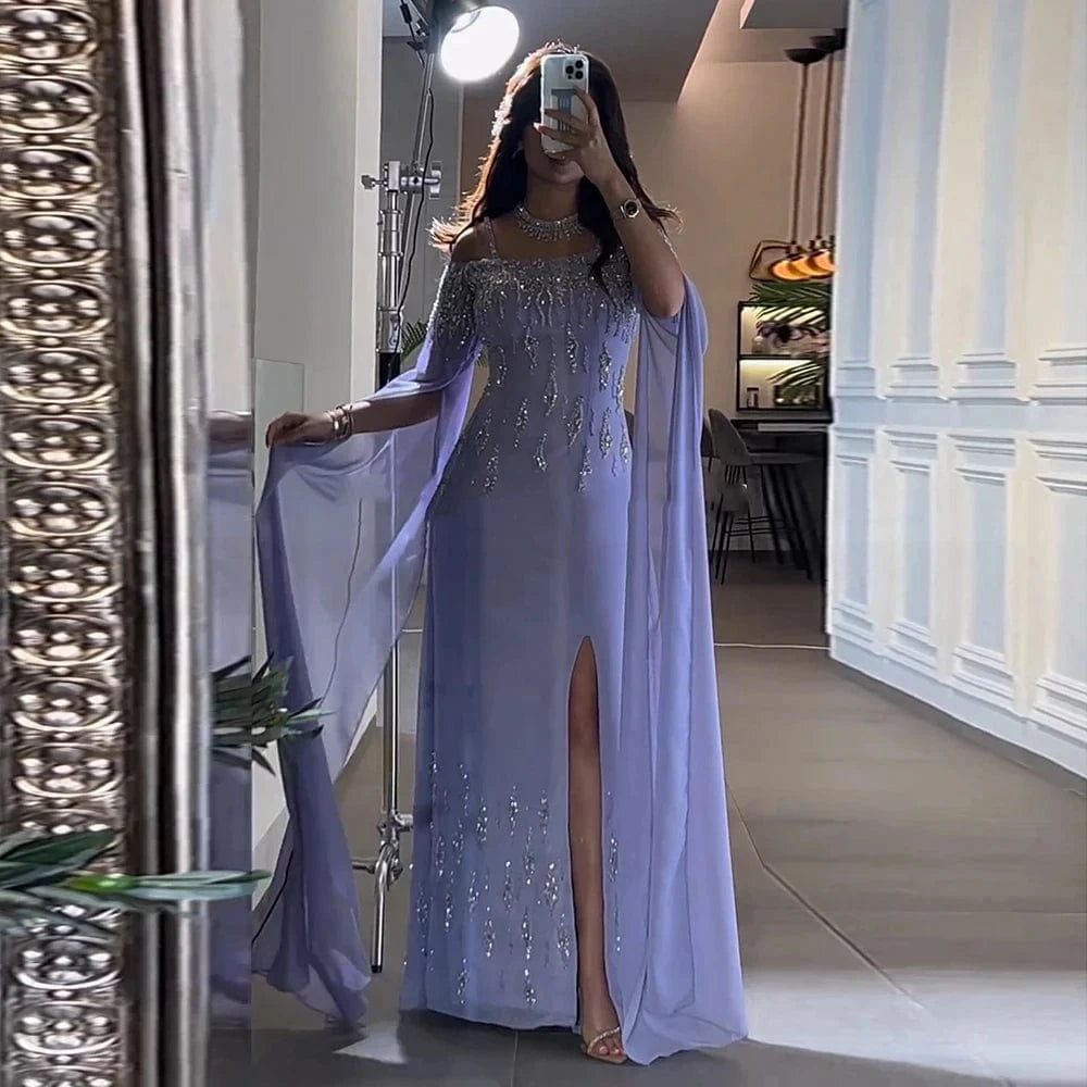 Arabic Lilac Mermaid Evening Dress with Cape Sleeves 2024 Luxury Dubai Beaded Women Wedding Formal Party Gowns SZ408
