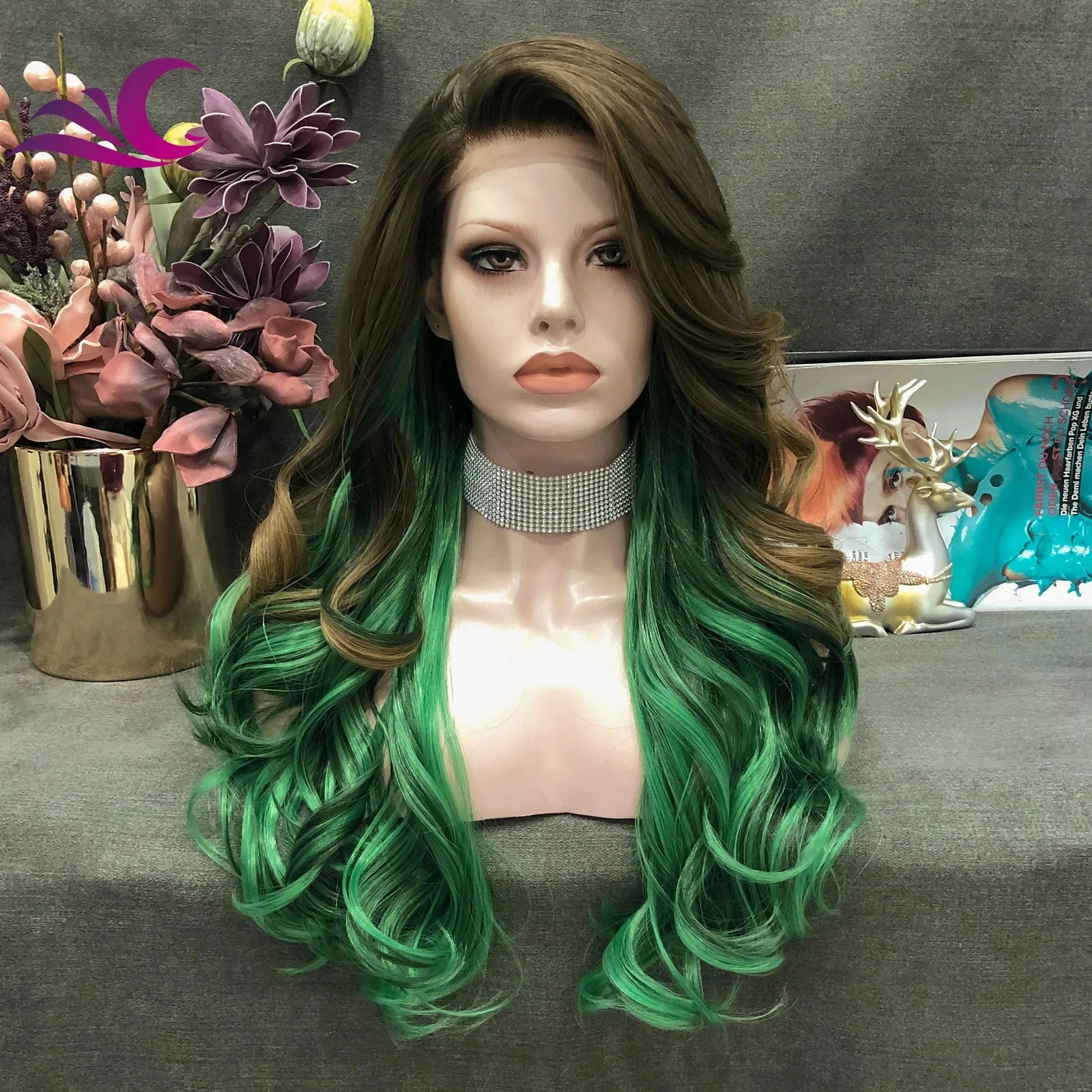 as pic / S25-2128-raise Celebrity layer wig blue pink highlight in both side brown synthetic wig futura fiber replacement Human Hair Wig