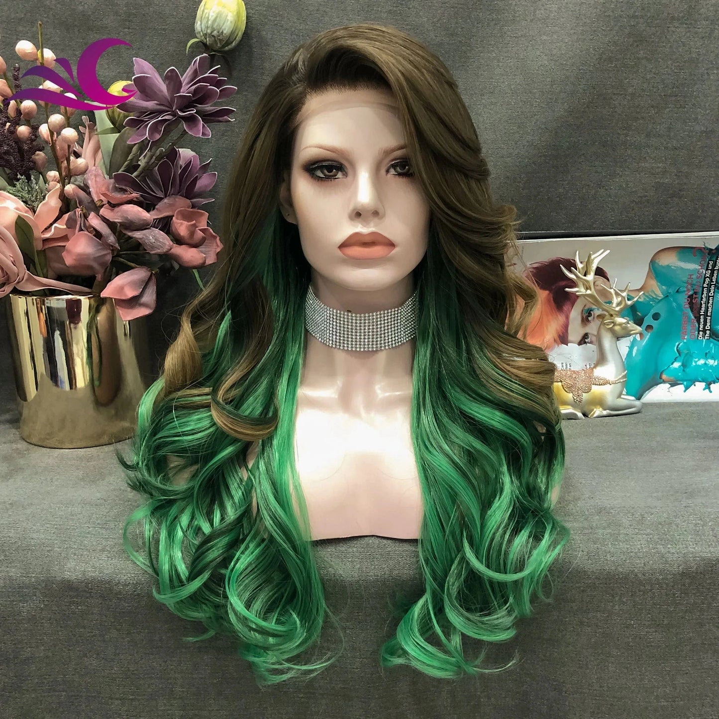 as pic / S25-2128-raise Celebrity ombre red pink colored synthetic lace front wig premium fiber high density cosplay drag queen wig