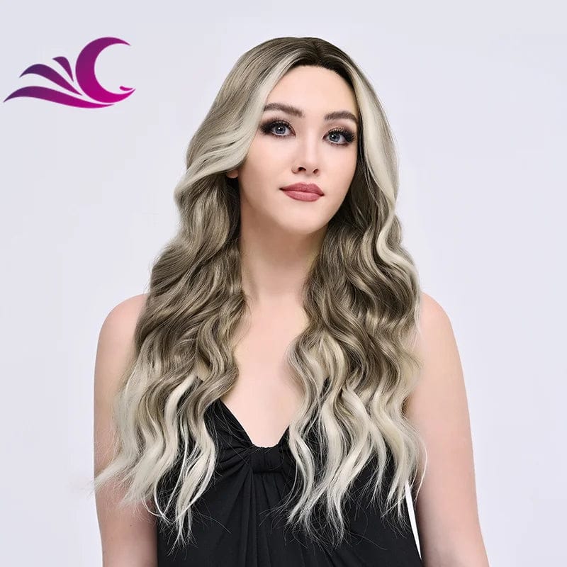 as pic / T1FH013 Ombre Brown Blonde Colored Highlight in Both Side Heat Friendly Silk Protein Synthetic Lace Front Wigs for White Women
