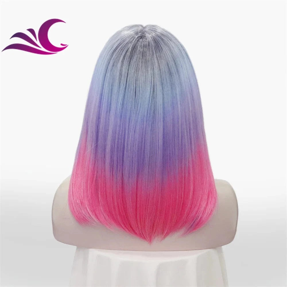 as pic / TQ06-fourcolor-raise Celebrity premium synthetic hair wig wholesale ombre pink blue colorful heat friendly short bob lace front wig