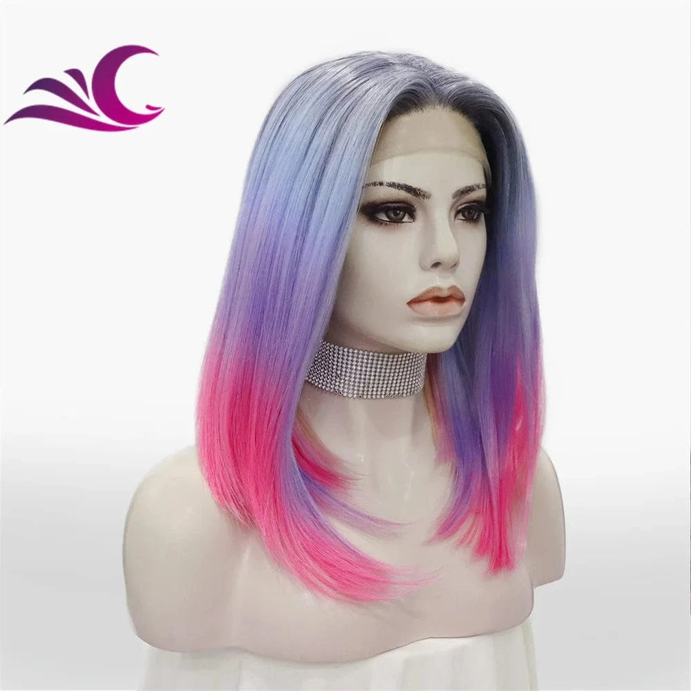 as pic / TQ06-fourcolor-raise Celebrity premium synthetic hair wig wholesale ombre pink blue colorful heat friendly short bob lace front wig