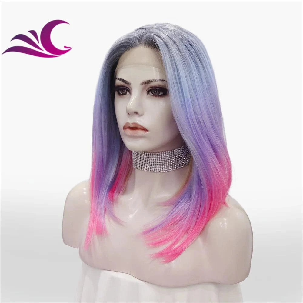 as pic / TQ06-fourcolor-raise Celebrity premium synthetic hair wig wholesale ombre pink blue colorful heat friendly short bob lace front wig