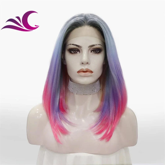 as pic / TQ06-fourcolor-raise Celebrity premium synthetic hair wig wholesale ombre pink blue colorful heat friendly short bob lace front wig