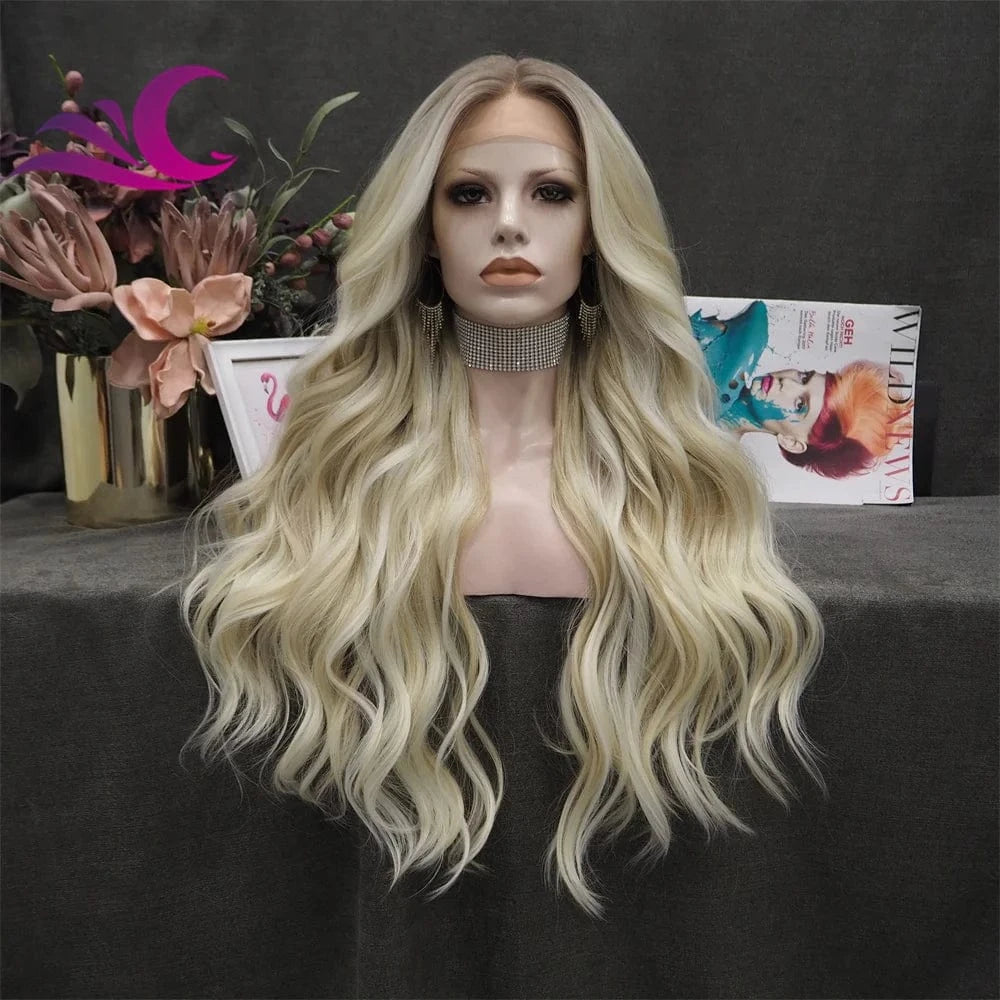 as pic / TS65-2182 Celebrity honey blonde highlight dark root lace front wig futura fiber heat resistant middle part t part wig