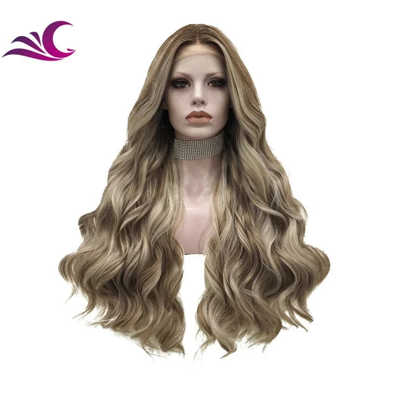 as pic / TS65-2183 Celebrity honey blonde highlight dark root lace front wig futura fiber heat resistant middle part t part wig
