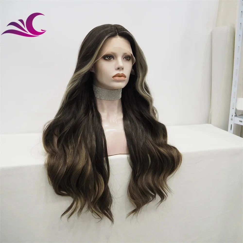 as pic / TS65-2190 Celebrity honey blonde highlight dark root lace front wig futura fiber heat resistant middle part t part wig