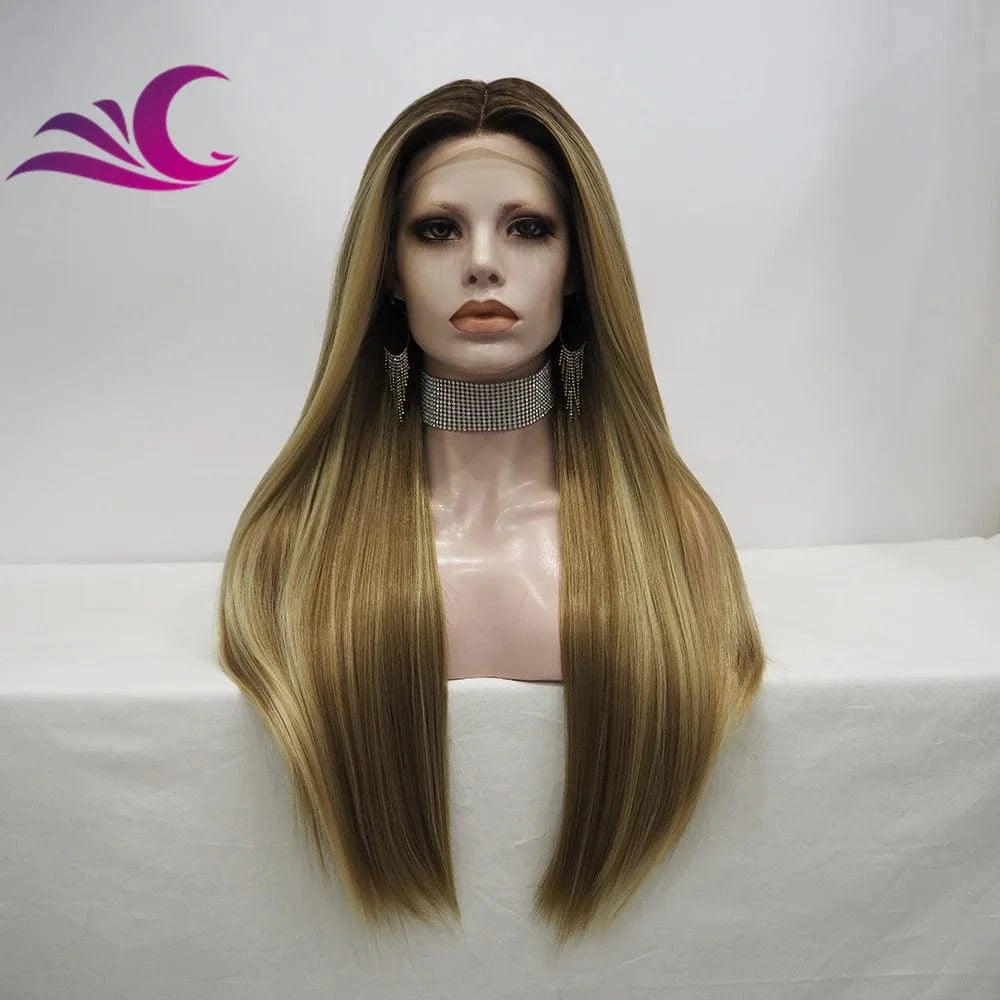 as pic / TS75-2215 Celebrity honey blonde highlight dark root lace front wig futura fiber heat resistant middle part t part wig
